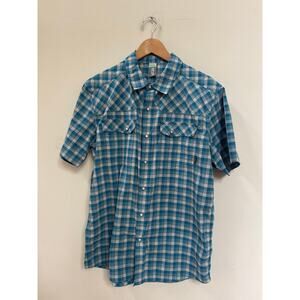 Stio Eddy Shirt Men's Medium Blue Plaid Western Pearl Snap Outdoor Hiking Nylon